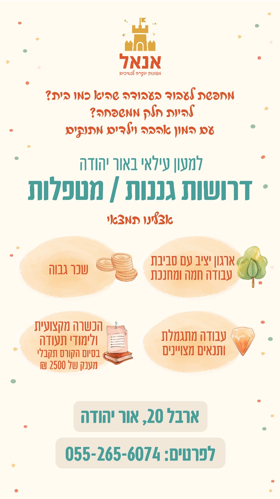 למעון עילאי באור יהודה דרושות מטפלות גננות