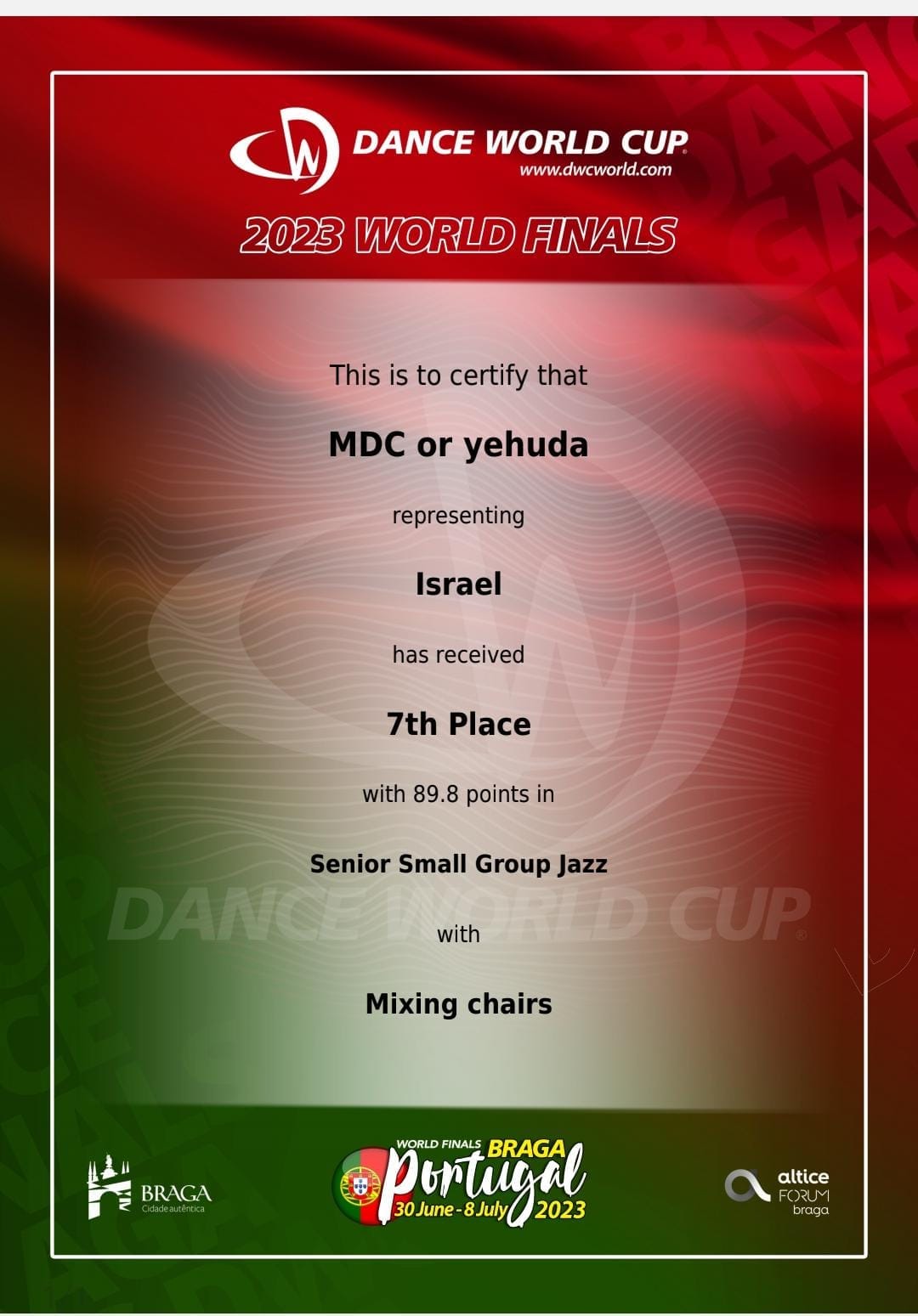 עטופות בדגלי ישראל, צעדו רקדניות הלהקה אל תוך האולם ובו אלפי רקדניות מלמעלה מ-50 מדינות והפליאו בריקוד שנקרא "משחק הכיסאות" בכוריאוגרפיה מיוחדת אותה חיברה אורטל המבוססת על המשחק המוכר מהילדות עם אדפטציה לבמה. בקטגוריית ג'אז התחרו למעלה מ-30 ריקודים של נבחרות מהעולם ובנות "אלגרו" זכו לניקוד גבוה שהיה רחוק רק ב-3 נקודות בלבד מהמקום הראשון בקטגוריה.