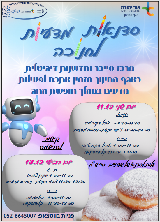 סדנאות מדעיות לחנוכה. מידע טקסטואלי מתחת לתמונה