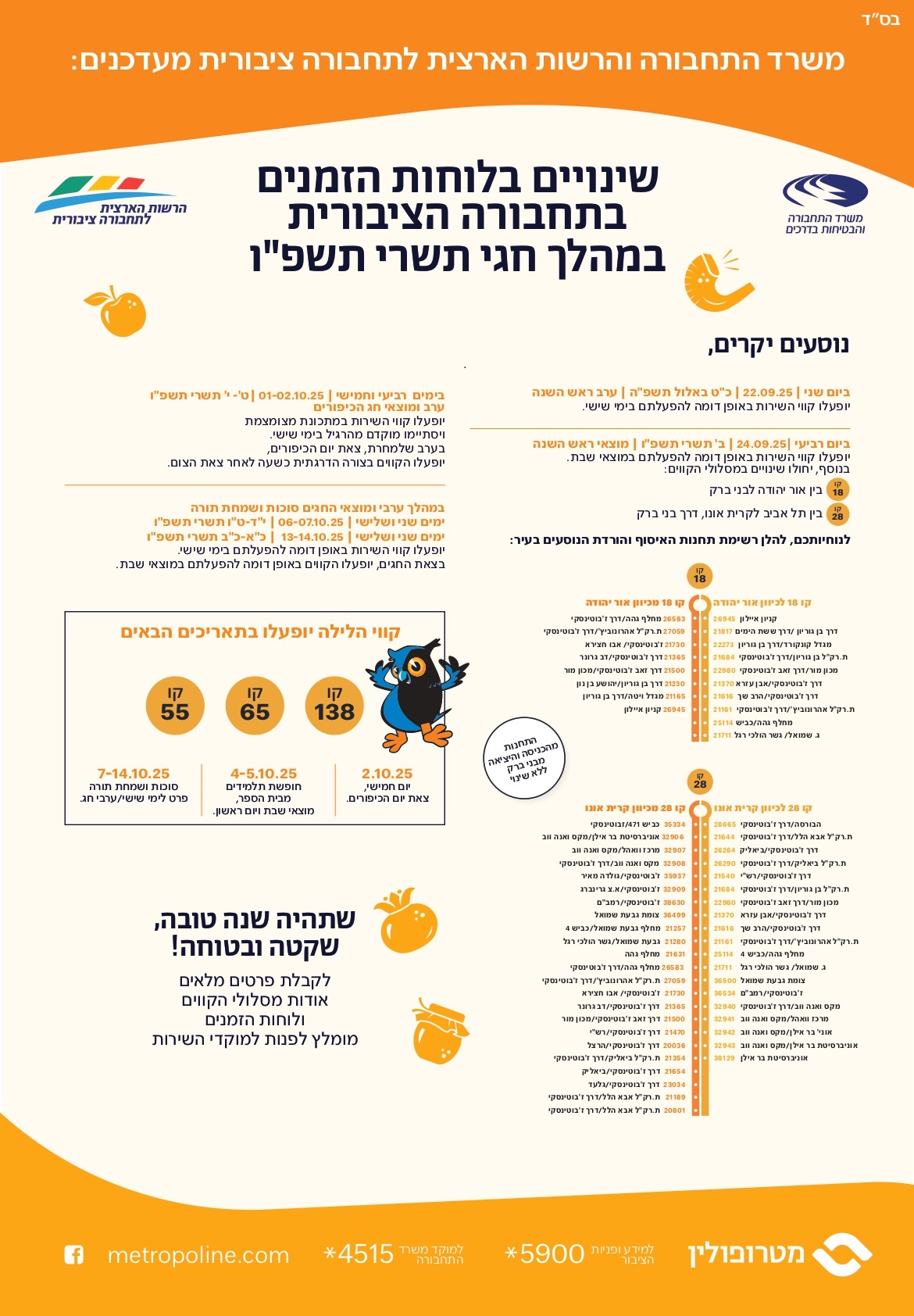 שינויים בלוחות הזמנים בתחבורה הציבורית במהלך חגי תשרי תשפו